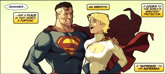 Power Girl being hugged by Earth 2 Superman